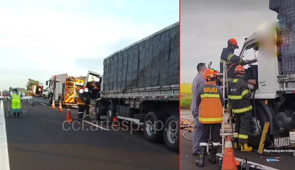 Colisão traseira entre caminhões fere motoristas e provoca congestionamento em rodovia