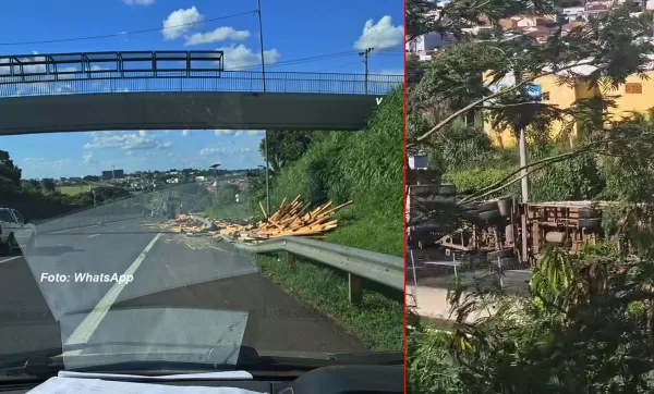 Carreta carregada com madeira tomba no Contorno