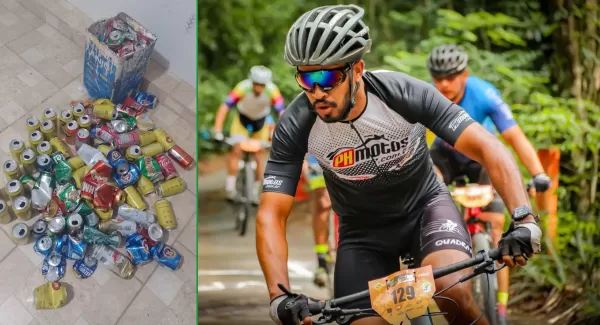 Amor ao esporte: pai e filho recolhem latinhas para pagar despesas no ciclismo