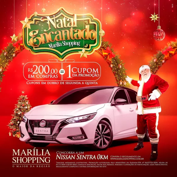 Marília Shopping celebra o Natal com o sorteio de um  Nissan Sentra 0km